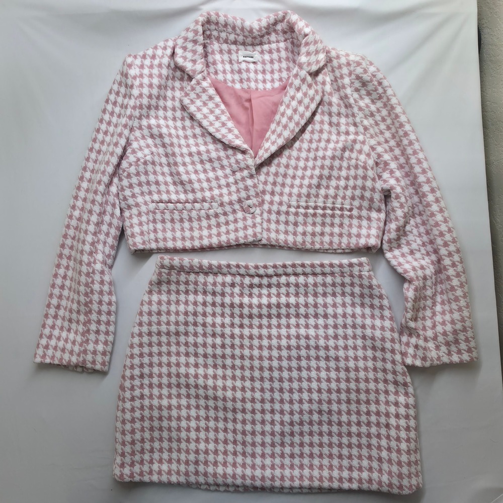 Aureum Pink Houndstooth Tweed 2 Piece Set Crop Blazer Mini Skirt Suit AO1164 M